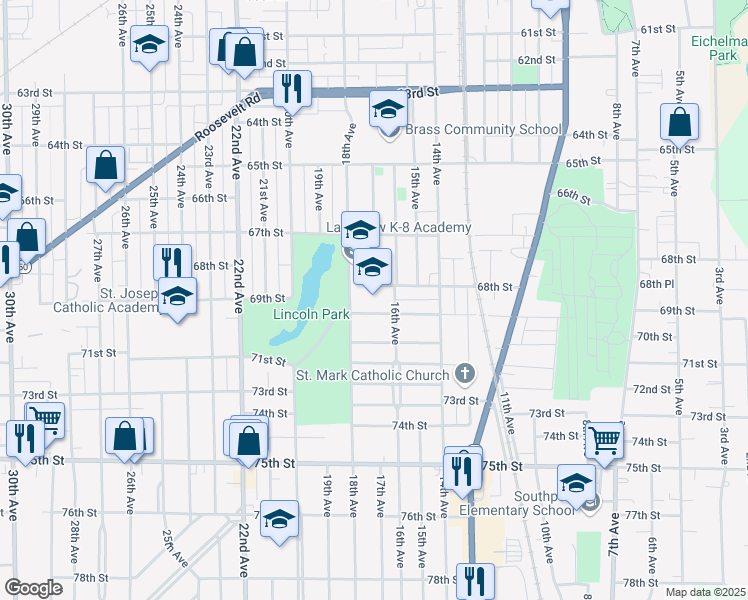 map of restaurants, bars, coffee shops, grocery stores, and more near 6811 18th Avenue in Kenosha