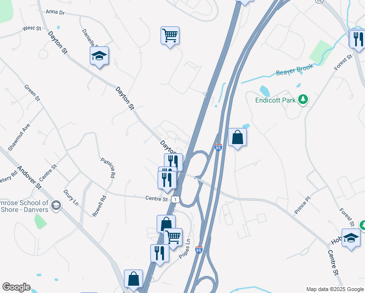map of restaurants, bars, coffee shops, grocery stores, and more near Hawthorn Park in Danvers