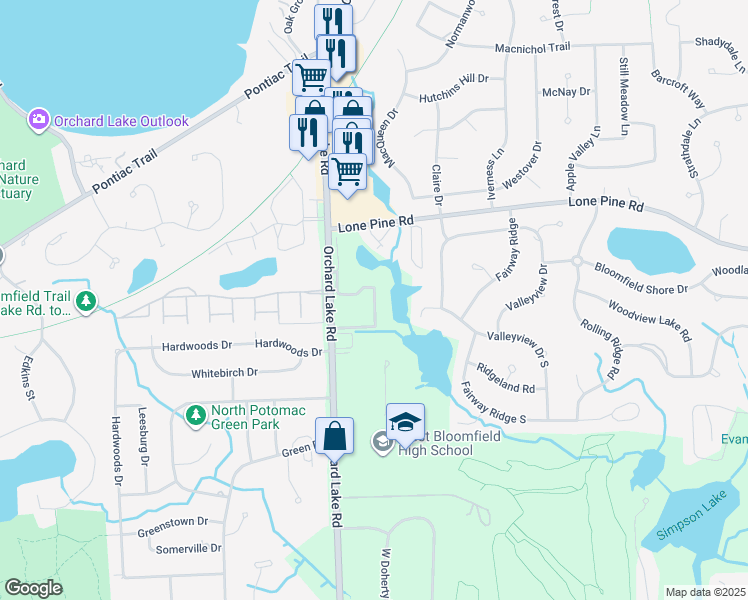 map of restaurants, bars, coffee shops, grocery stores, and more near 4624 Laurel Club Circle in West Bloomfield Township