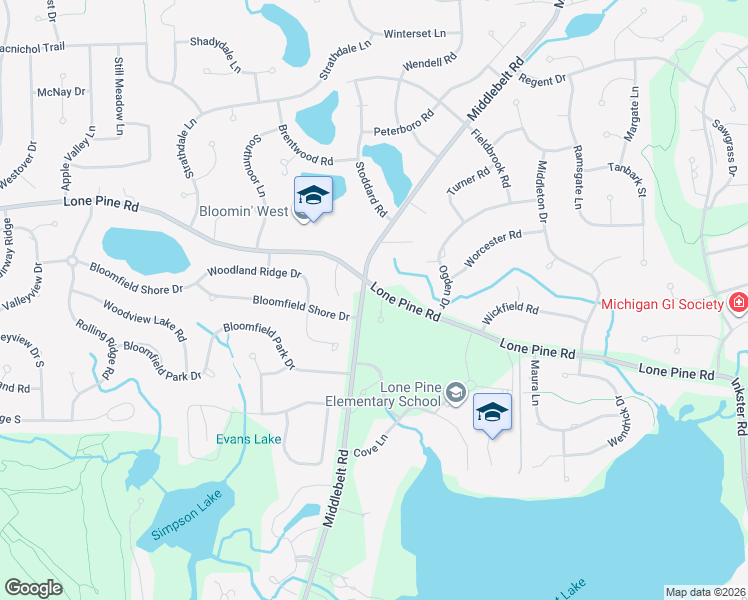 map of restaurants, bars, coffee shops, grocery stores, and more near 3200 Legacy Court in West Bloomfield Township
