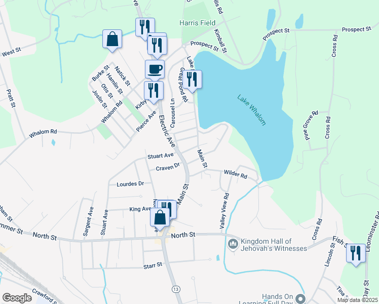 map of restaurants, bars, coffee shops, grocery stores, and more near 1476 Main Street in Leominster