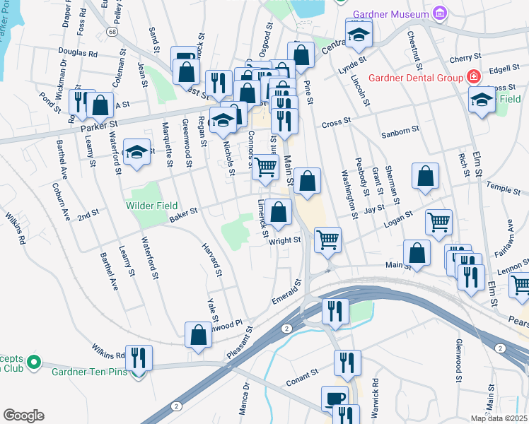 map of restaurants, bars, coffee shops, grocery stores, and more near 242 Pleasant Street in Gardner