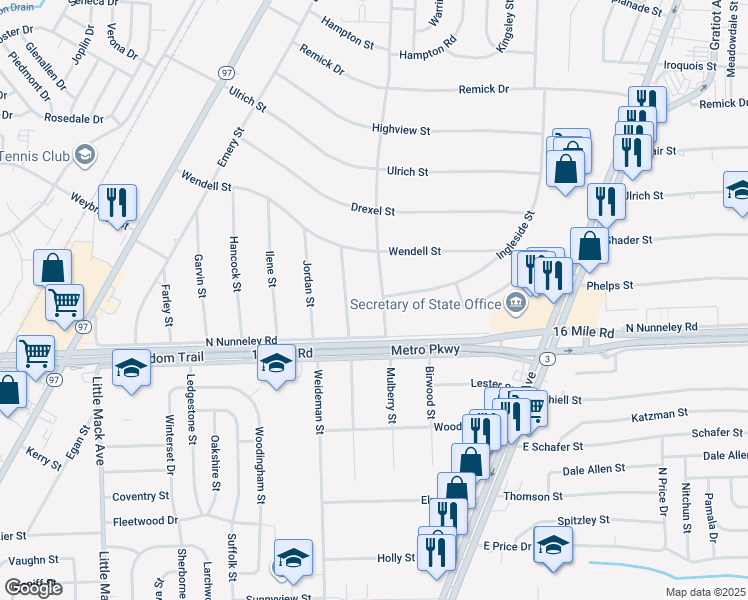 map of restaurants, bars, coffee shops, grocery stores, and more near 37139 Mulberry Street in Clinton Township