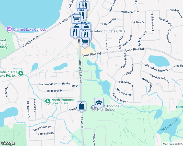 map of restaurants, bars, coffee shops, grocery stores, and more near 4624 Laurel Club Circle in West Bloomfield Township