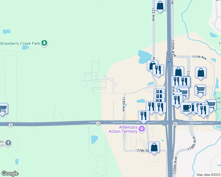 map of restaurants, bars, coffee shops, grocery stores, and more near 12742 71st Street in Kenosha