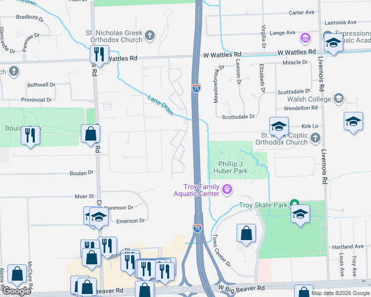 map of restaurants, bars, coffee shops, grocery stores, and more near 3660 Old Creek Road in Troy