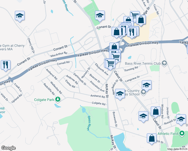 map of restaurants, bars, coffee shops, grocery stores, and more near 19 Clifton Avenue in Beverly