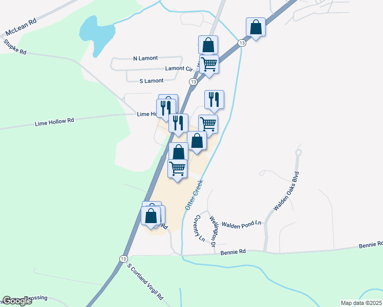 map of restaurants, bars, coffee shops, grocery stores, and more near 854 Highway 13 in Cortland