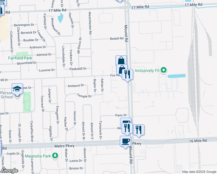 map of restaurants, bars, coffee shops, grocery stores, and more near 5620 Township Court in Sterling Heights
