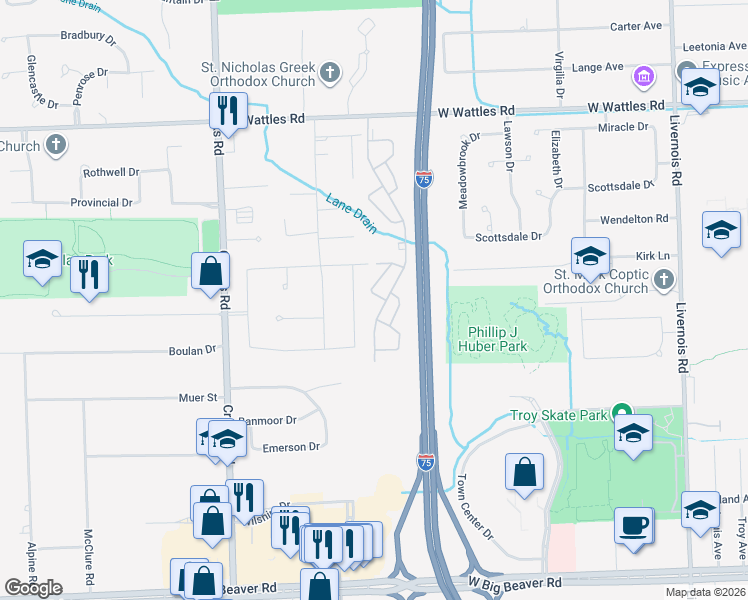 map of restaurants, bars, coffee shops, grocery stores, and more near 3660 Oriole Drive in Troy