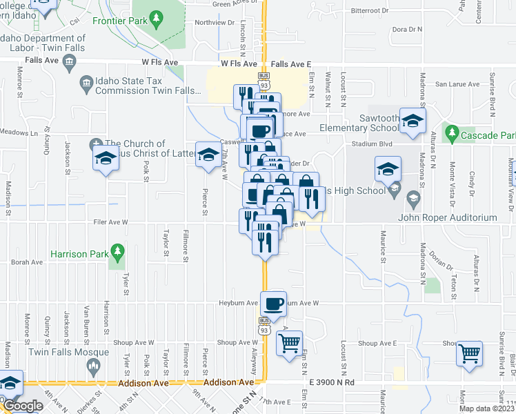 map of restaurants, bars, coffee shops, grocery stores, and more near 537 Blue Lakes Boulevard North in Twin Falls