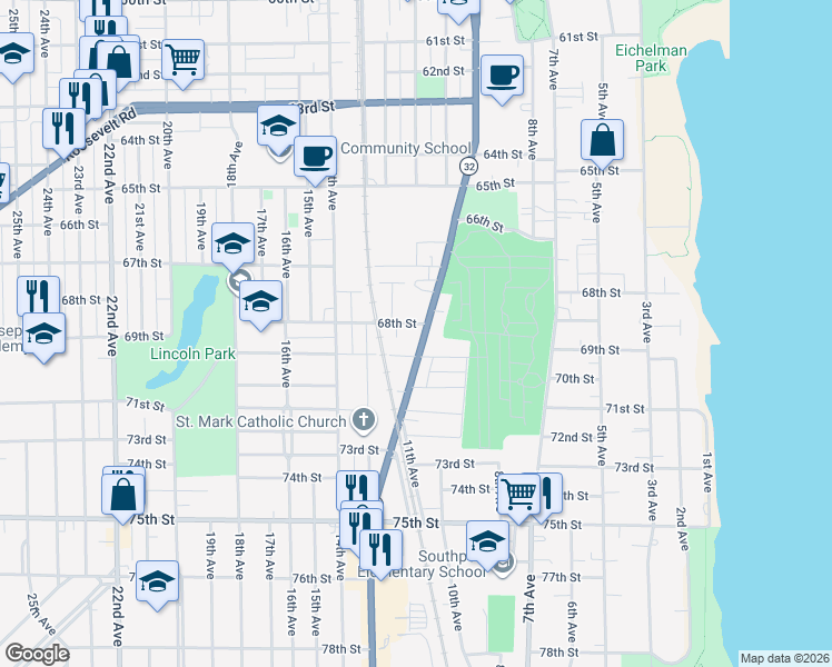 map of restaurants, bars, coffee shops, grocery stores, and more near 6750 Sheridan Road in Kenosha
