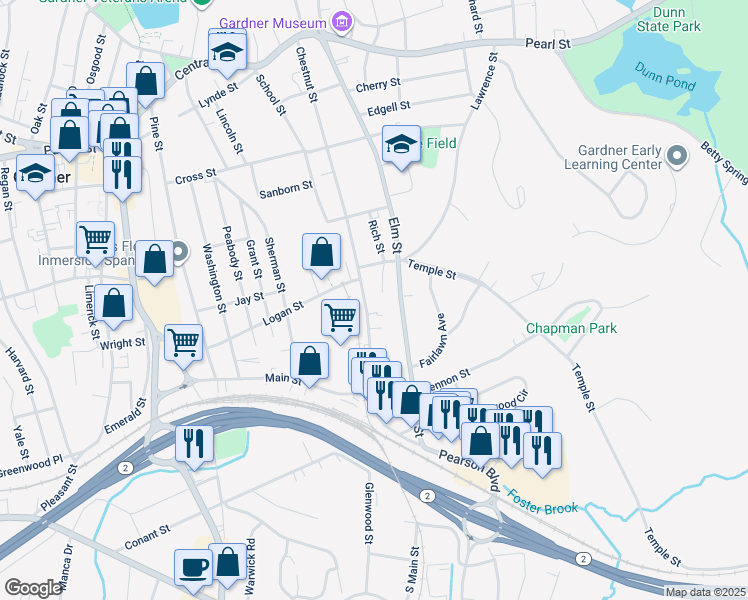 map of restaurants, bars, coffee shops, grocery stores, and more near 103 Rich Street in Gardner