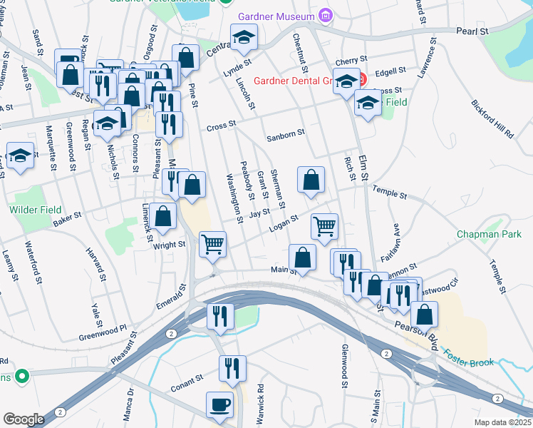 map of restaurants, bars, coffee shops, grocery stores, and more near 152 Peabody Street in Gardner