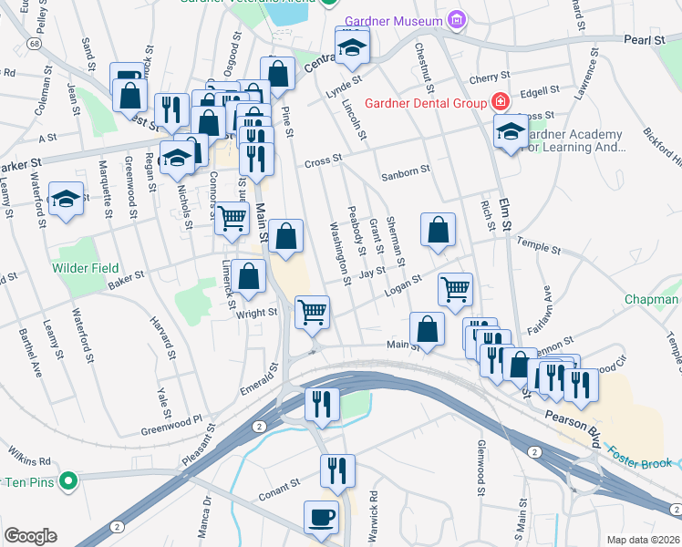 map of restaurants, bars, coffee shops, grocery stores, and more near 143 Washington Street in Gardner