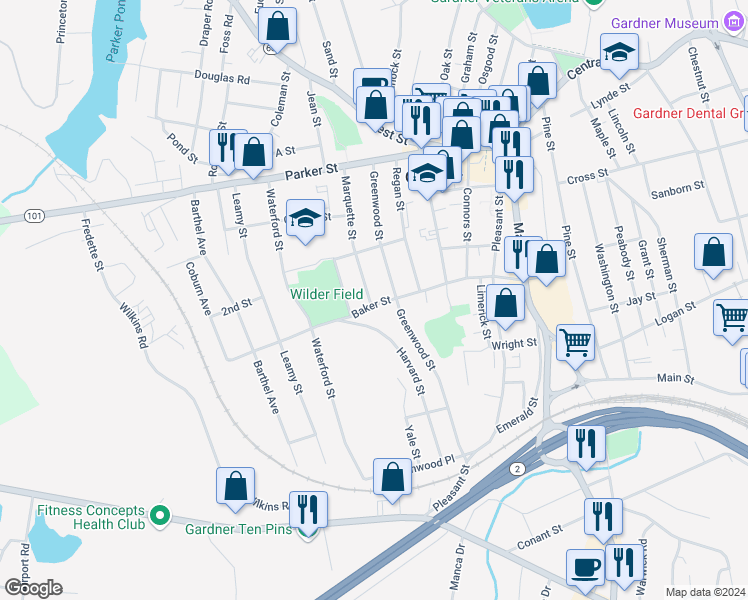map of restaurants, bars, coffee shops, grocery stores, and more near 119 Greenwood Street in Gardner