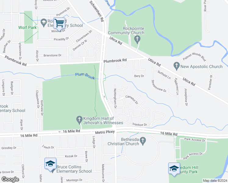 map of restaurants, bars, coffee shops, grocery stores, and more near 37194 Manchester Drive in Sterling Heights