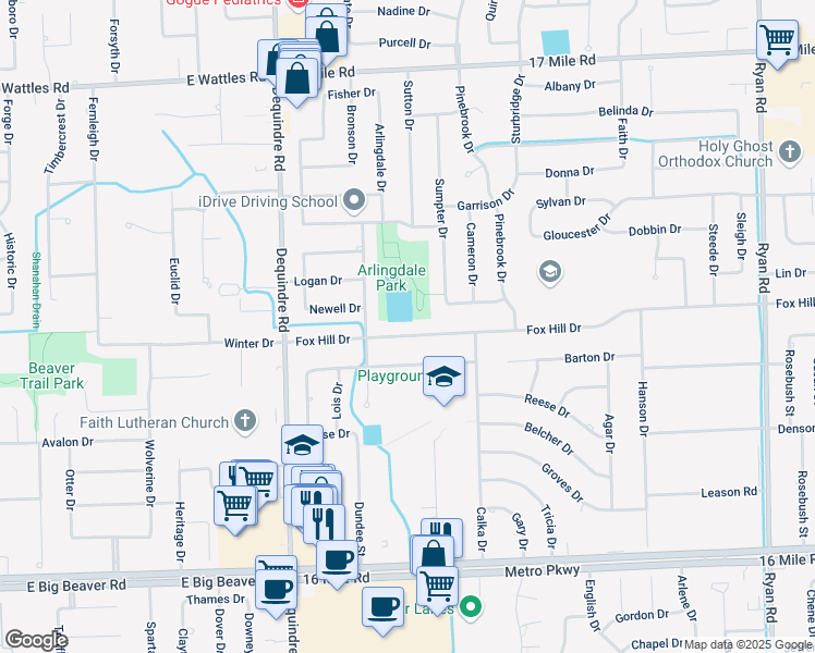 map of restaurants, bars, coffee shops, grocery stores, and more near 2533 Fox Hill Drive in Sterling Heights