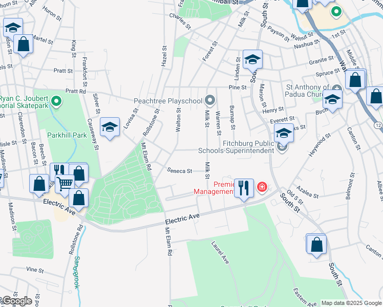 map of restaurants, bars, coffee shops, grocery stores, and more near 191 Ellis Street in Fitchburg