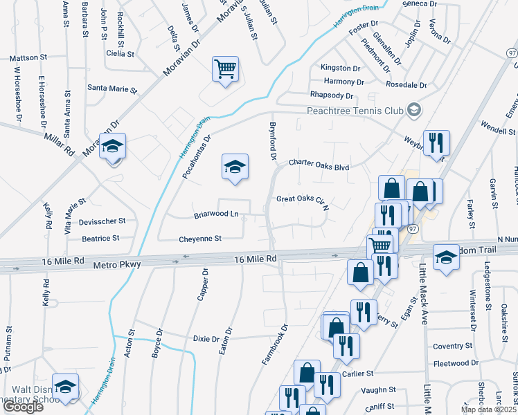 map of restaurants, bars, coffee shops, grocery stores, and more near 37137 Briarwood Lane in Clinton Township