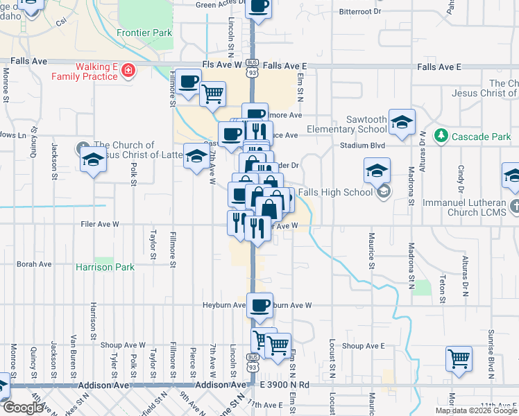 map of restaurants, bars, coffee shops, grocery stores, and more near 551 Blue Lakes Boulevard North in Twin Falls