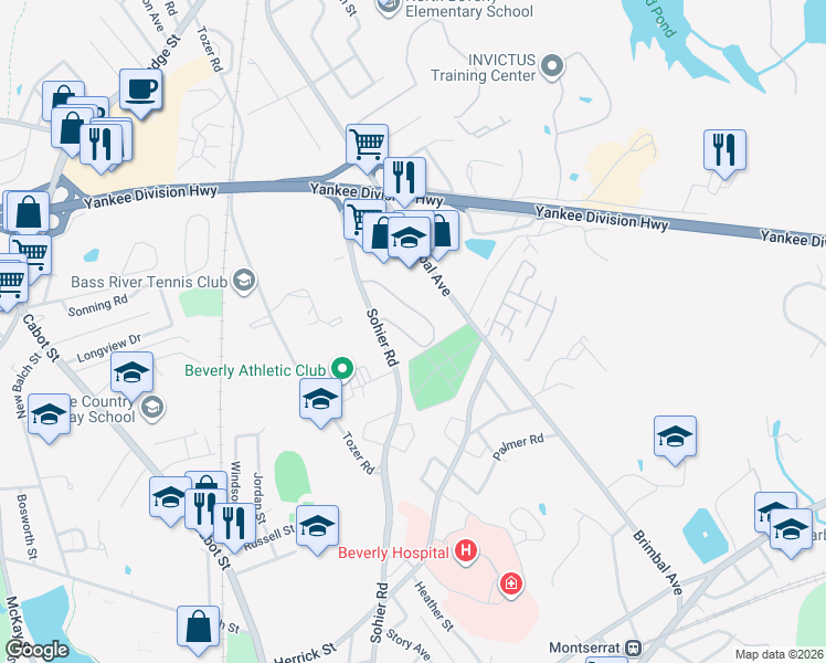 map of restaurants, bars, coffee shops, grocery stores, and more near 70 Northridge Road in Beverly