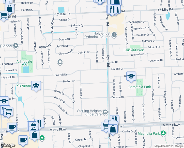 map of restaurants, bars, coffee shops, grocery stores, and more near 3500 Fox Hill Drive in Sterling Heights
