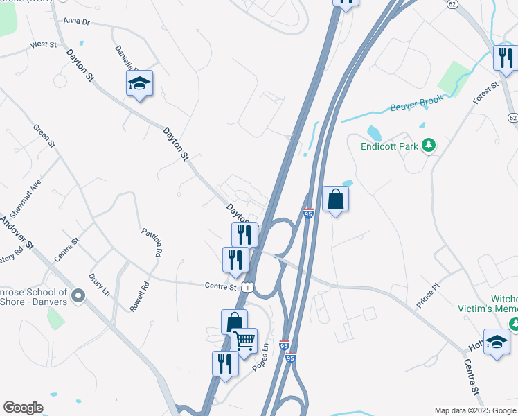 map of restaurants, bars, coffee shops, grocery stores, and more near 180 Newbury Street in Danvers