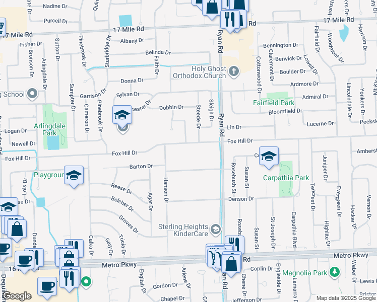 map of restaurants, bars, coffee shops, grocery stores, and more near 3500 Fox Hill Drive in Sterling Heights