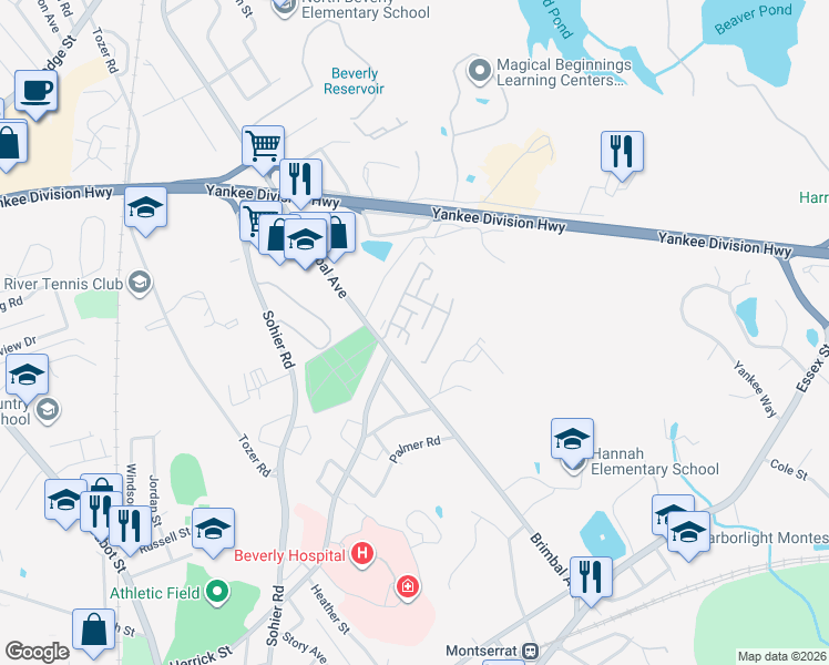 map of restaurants, bars, coffee shops, grocery stores, and more near 1004 Broughton Drive in Beverly