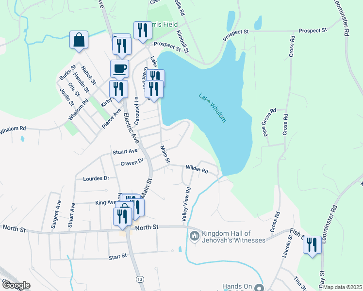 map of restaurants, bars, coffee shops, grocery stores, and more near 1469 Main Street in Leominster