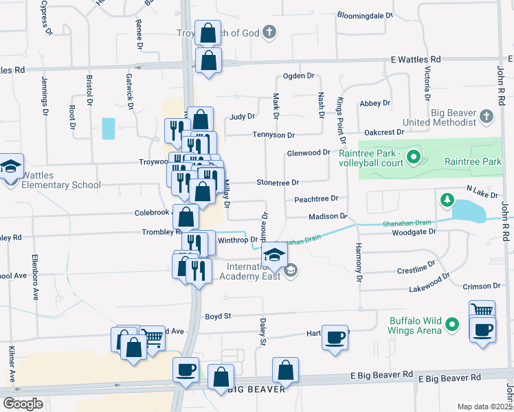 map of restaurants, bars, coffee shops, grocery stores, and more near 1272 Chaucer Drive in Troy