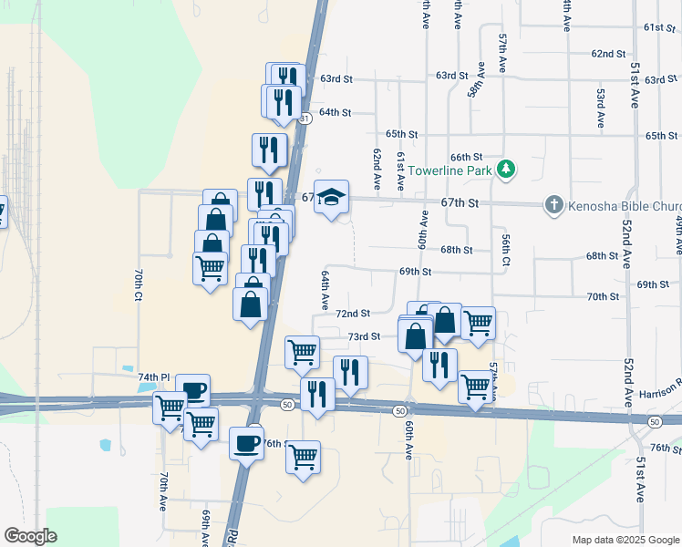 map of restaurants, bars, coffee shops, grocery stores, and more near 6309 69th Street in Kenosha