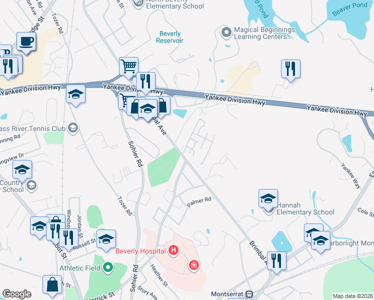 map of restaurants, bars, coffee shops, grocery stores, and more near 210 Broughton Drive in Beverly