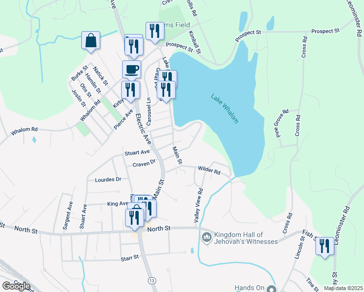 map of restaurants, bars, coffee shops, grocery stores, and more near 1469 Main Street in Leominster