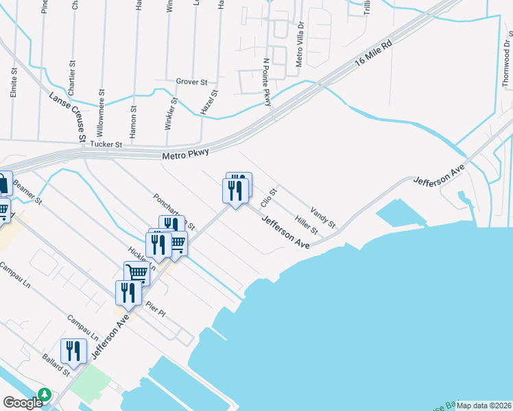 map of restaurants, bars, coffee shops, grocery stores, and more near 37089 Jefferson Ave in Harrison Township