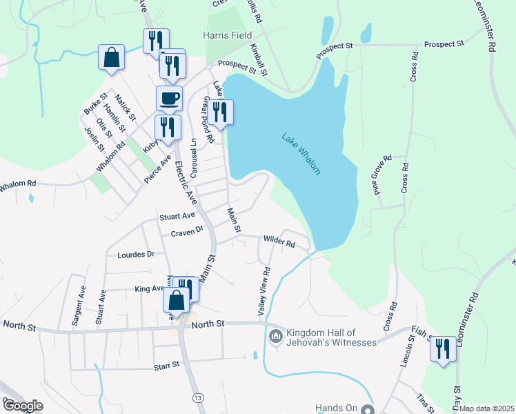 map of restaurants, bars, coffee shops, grocery stores, and more near 1469 Main Street in Leominster