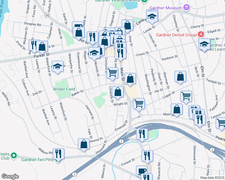 map of restaurants, bars, coffee shops, grocery stores, and more near 242 Pleasant Street in Gardner