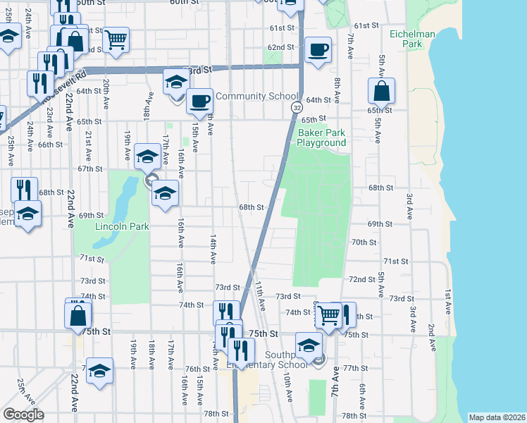 map of restaurants, bars, coffee shops, grocery stores, and more near 6750 Sheridan Road in Kenosha