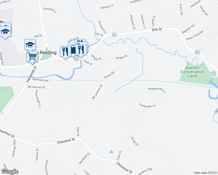 map of restaurants, bars, coffee shops, grocery stores, and more near 77 Park Street in North Reading