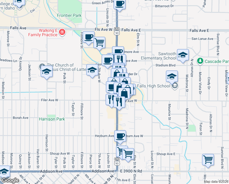 map of restaurants, bars, coffee shops, grocery stores, and more near 551 Blue Lakes Boulevard North in Twin Falls
