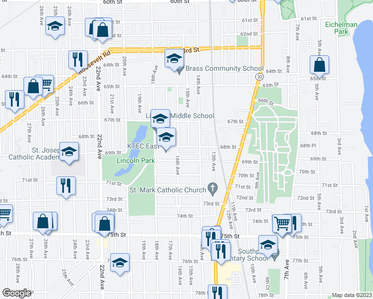 map of restaurants, bars, coffee shops, grocery stores, and more near 1503 68th Street in Kenosha