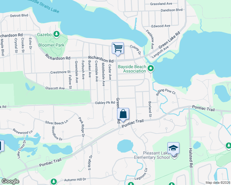 map of restaurants, bars, coffee shops, grocery stores, and more near 4425 Green Lake Road in West Bloomfield Township
