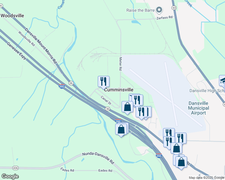 map of restaurants, bars, coffee shops, grocery stores, and more near 5588 Hartman Road in Dansville