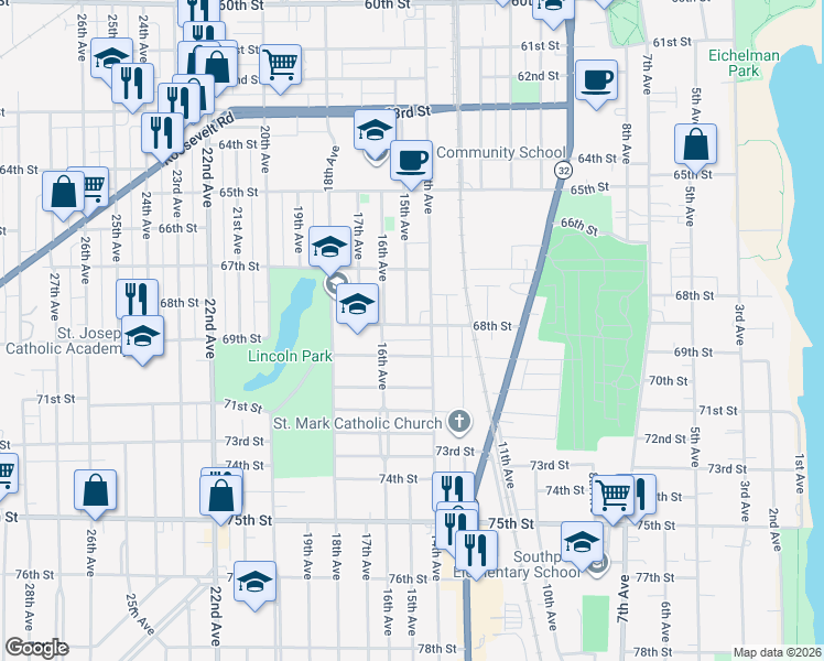 map of restaurants, bars, coffee shops, grocery stores, and more near 1502 68th Street in Kenosha