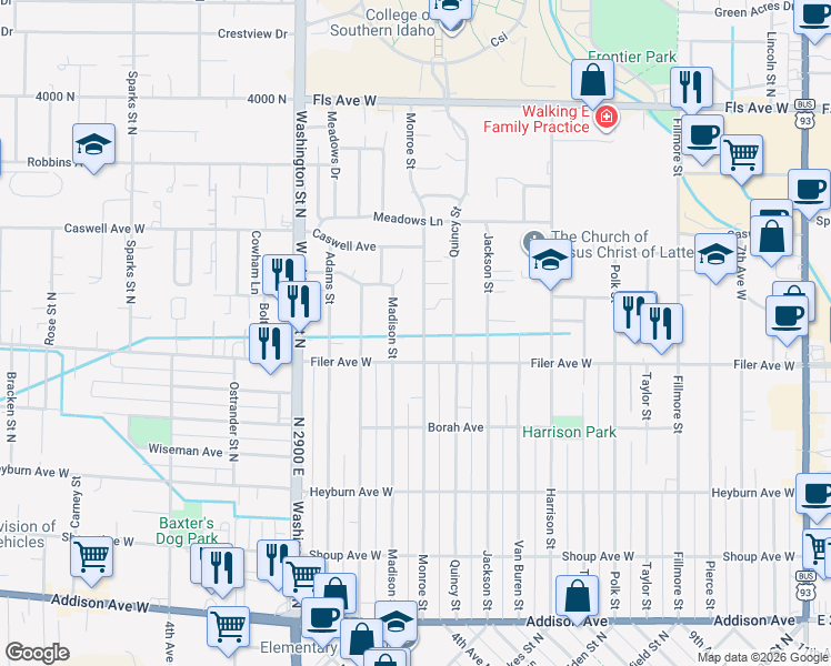 map of restaurants, bars, coffee shops, grocery stores, and more near 545 Monroe Street in Twin Falls