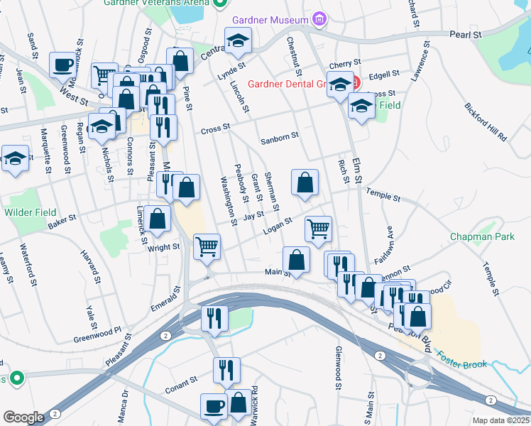 map of restaurants, bars, coffee shops, grocery stores, and more near 152 Peabody Street in Gardner