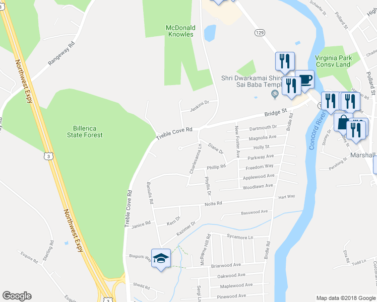 map of restaurants, bars, coffee shops, grocery stores, and more near 6 Eubar Circle in Billerica