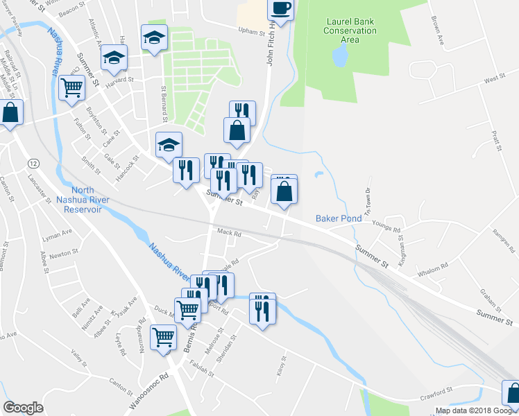 map of restaurants, bars, coffee shops, grocery stores, and more near 370 Summer Street in Fitchburg