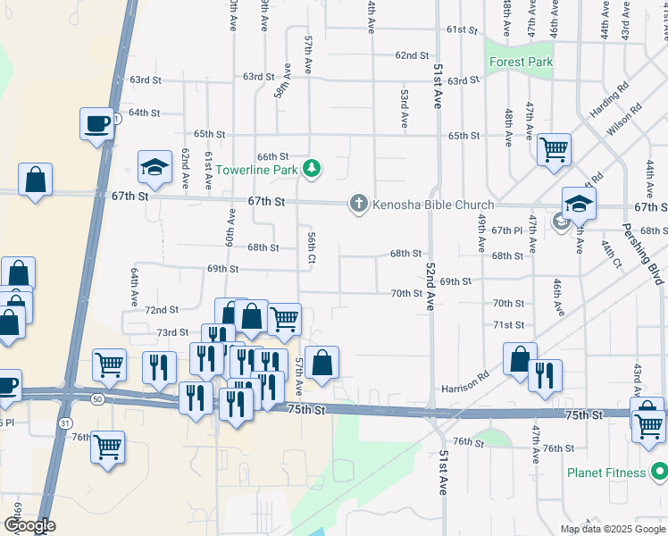 map of restaurants, bars, coffee shops, grocery stores, and more near 6814 55th Avenue in Kenosha
